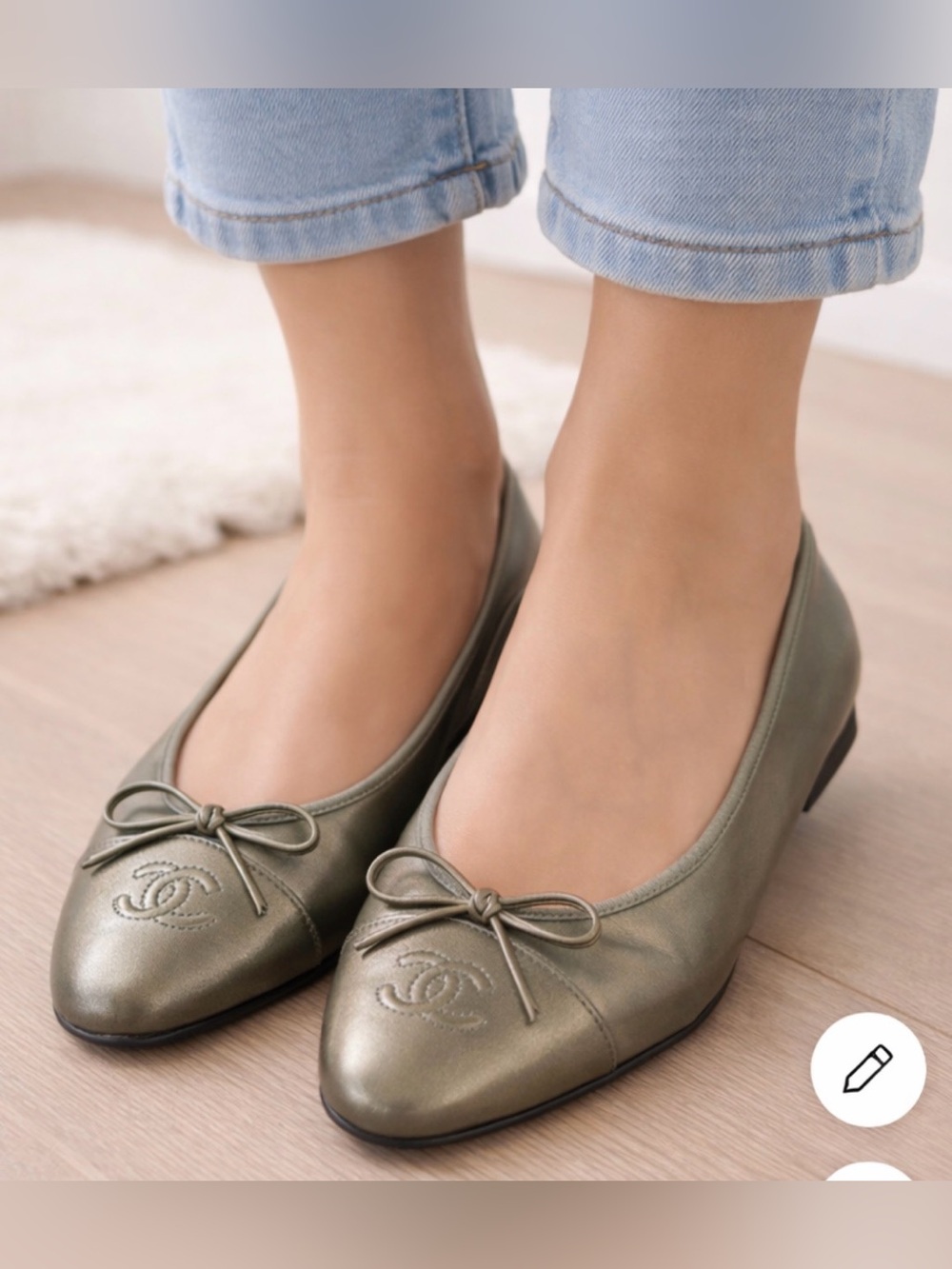 Vintage CHANEL Olive Green Leather Ballet Flats with Bow and CC Logo